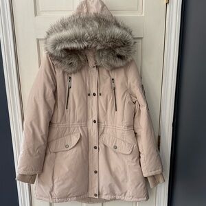 Excellent Condition BCBGMaxAzria Beige Fur-Trimmed Puffer Coat
